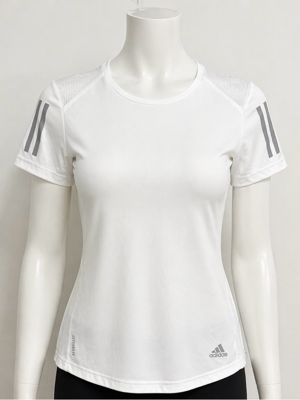 adidas Women’s White Short-Sleeve Performance Tee with Gray Stripes